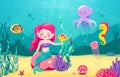 Cartoon mermaid background with fish, rocks, coral, starfish, octopus, sea horse, seaweed, pearl, jellyfish. Underwater