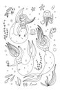 Cartoon mermaid. Coloring book page. Cute little underwater line character, princess with fish tail, adorable ocean fantasy
