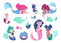 Cartoon mermaid. Cute faire tale character. Seamaid princess with tail. Girl swimming underwater. Sea animals and fish Royalty Free Stock Photo