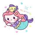 Cartoon Mermaid Cute with sleeping fish vector kawaii animal Royalty Free Stock Photo