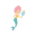 Cartoon mermaid with golden mirror in hand. Mythical underwater creature. Cute girl with pink hair and fish tail. Flat Royalty Free Stock Photo