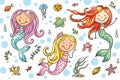 Cartoon mermaid and sea life set, vector