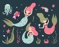 Cartoon mermaid set. Cute little underwater character, princess fish tail, adorable ocean fantasy creature, kids fairy tale girl,