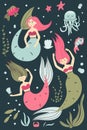 Cartoon mermaid set. Cute little underwater character, princess fish tail, adorable ocean fantasy creature, kids fairy tale girl,