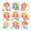 Cartoon mermaids set. Mermaid girl, pretty girls. Magic underwater little queens, with bubbles and crowns, cute vector Royalty Free Stock Photo