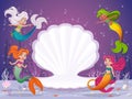 Cartoon mermaids swimming around open shell.