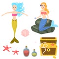 Cartoon mermaids and treasure dower chest clip art vector graphics for game.