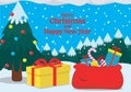 cartoon merry christmas and happy new year banner with santas gifts, cheistmas tree, wood, clouds and snowflakes Royalty Free Stock Photo