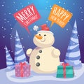 Cartoon Merry Christmas and Happy New Year poster. Smiling snowman in Santa hat with gift boxes in forest.