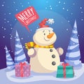 Cartoon Merry Christmas poster. Smiling snowman in Santa hat with gift boxes in forest.