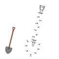 Cartoon metal farmer shovel with wooden handle. Dot to dot Game. Connect the dots by numbers and finish picture. Coloring Page