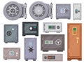 Cartoon metal safe boxes with code locks, bank vault door. Stationary modern safes and locker. Secure cash storage with