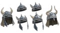 Cartoon metal viking helmet with horns vector set