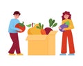 Illustration of cartoon metaphor of couple putting vegetables in box