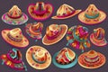 Cartoon Mexican sombrero, vector hats of mariachi musicians