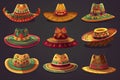 Cartoon Mexican sombrero, vector hats of mariachi musicians