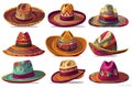 Cartoon Mexican sombrero, vector hats of mariachi musicians