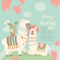 Cartoon mexican white alpaca llamas couple with hearts balloons. Happy Valentines day Royalty Free Stock Photo