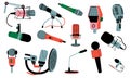 Cartoon mic set. Microphones for stage performance, studio recording, audio podcast broadcast, karaoke vocal, music Royalty Free Stock Photo