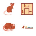 Cartoon mice icons set cartoon vector. Cute mouse near mousetrap and in maze