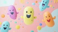 Cartoon microbes with cheerful faces floating in colorful surroundings. Generative AI