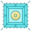 Cartoon microchip icon with a central circular element and pins representing technology and computing hardware Royalty Free Stock Photo