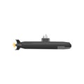 Cartoon military submarine icon. Underwater transport. Black navy vehicle. Graphic design element for mobile game or