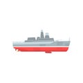 Cartoon military tanker. Navy warship with radars and cannon. Colored boat icon. Flat vector design Graphic element for Royalty Free Stock Photo