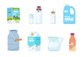 Cartoon milk. Plastic bottle, white food container, carton package, bottle and glass with milk. Vector set of isolated