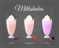 Cartoon milkshakes in glass on chalkboard background.