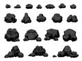 Cartoon mine black coal pieces and piles, burning material. Charcoal lumps for fire, natural energy power production