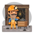 Cartoon Miner with Pickaxe in Front of the Mine