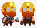 Cartoon miner in yellow helmet and glasses with red beard holding pickaxe and crystal. Striking Viking with axe.