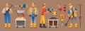 Cartoon miners and equipment. Digger character with mining tools, helmet, pick and jackhammer. Miner trolley with gold