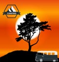 Cartoon Minibus in Nature a Tree Silhouette. Vector Illustration Royalty Free Stock Photo