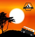 Cartoon Minibus in Nature a Tree Silhouette. Vector Illustration Royalty Free Stock Photo