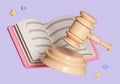 Cartoon minimal book judgement hammer legislation attorney learning education decisions concept on pastel background