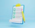 Cartoon minimal clipboard with checklist with sheets of paper icon. Business time document marking task