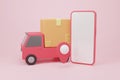 Cartoon minimal delivery truck loaded with a cardboard box and smartphone cargo box logistics Royalty Free Stock Photo