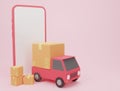 Cartoon minimal delivery truck loaded with a cardboard box and smartphone cargo box logistics Royalty Free Stock Photo