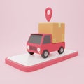 Cartoon minimal delivery truck loaded with a cardboard box and smartphone cargo box logistics Royalty Free Stock Photo