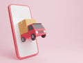 Cartoon minimal delivery truck loaded with a cardboard box and smartphone Royalty Free Stock Photo