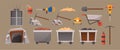 Cartoon mining elements. Mine cave entrance, mining elevator and tools. Wagons with gold and coal vector illustration