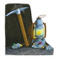 Cartoon mining tools - oil lamp and pick axe on white background - illustration