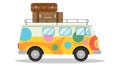 Cartoon minivan, multi-colored minivan with tourist suitcases. Car travel concept