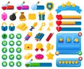 Cartoon mobile game user interface kit elements. Casual game interface menu buttons, trophies and bars vector Royalty Free Stock Photo