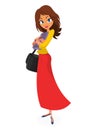 Cartoon model woman. Vector illustration of woman in red casual dress and yellow shirt Royalty Free Stock Photo