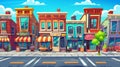 This cartoon modern background features urban street landscapes including small shops, homes, and restaurants. Royalty Free Stock Photo