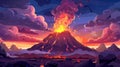 Cartoon modern background with volcano lava eruption. Volcanic mountain prehistoric landscape scene with rock, smoke Royalty Free Stock Photo