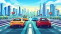 Cartoon modern of cars driving along asphalted road with fencing, signs, lamps on a cityscape background with skyscraper